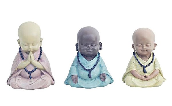 MOINES BOUDDHISTES ZEN lot neuf statuettes x3 méditation couleur pastel en polyrésine de 11cm